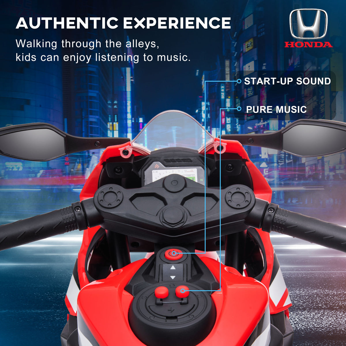 6V Honda Licensed Kids Motorcycle w/ Music, Training Wheels