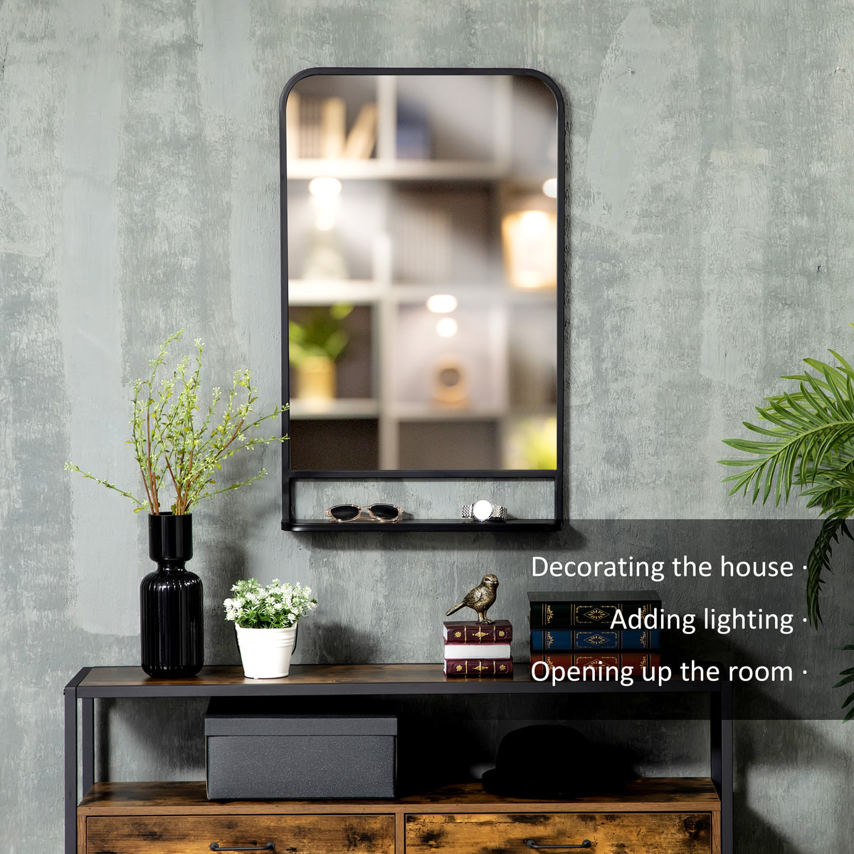 Modern Rectangular Wall Mirror with Storage Shelf, 86 x 53 Mirrors for Living Room, Bedroom, Black