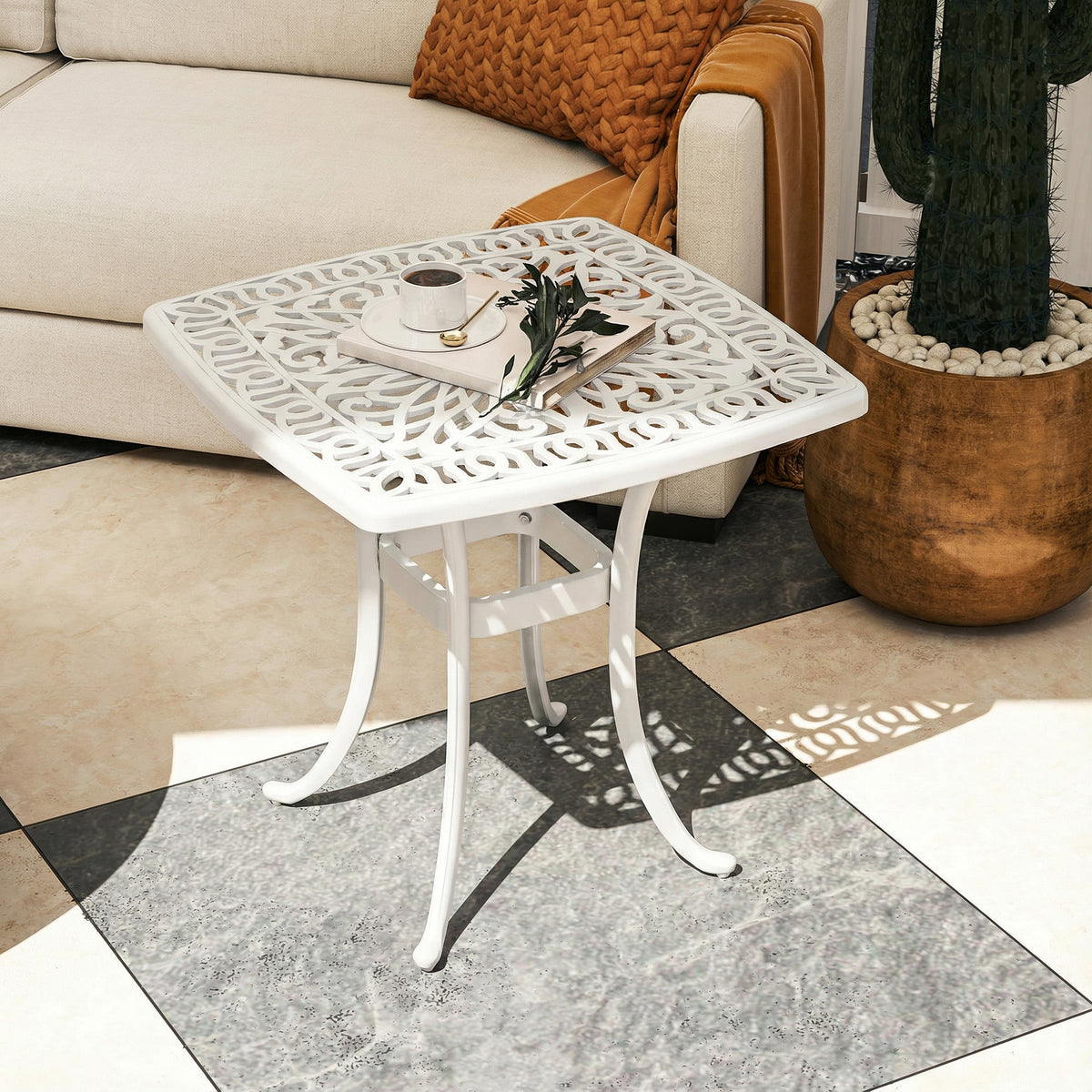 Outdoor Garden Table with 38mm Dia. Umbrella Hole, Cast Aluminium Patio End Table with Anti-slip Foot Pads for Garden