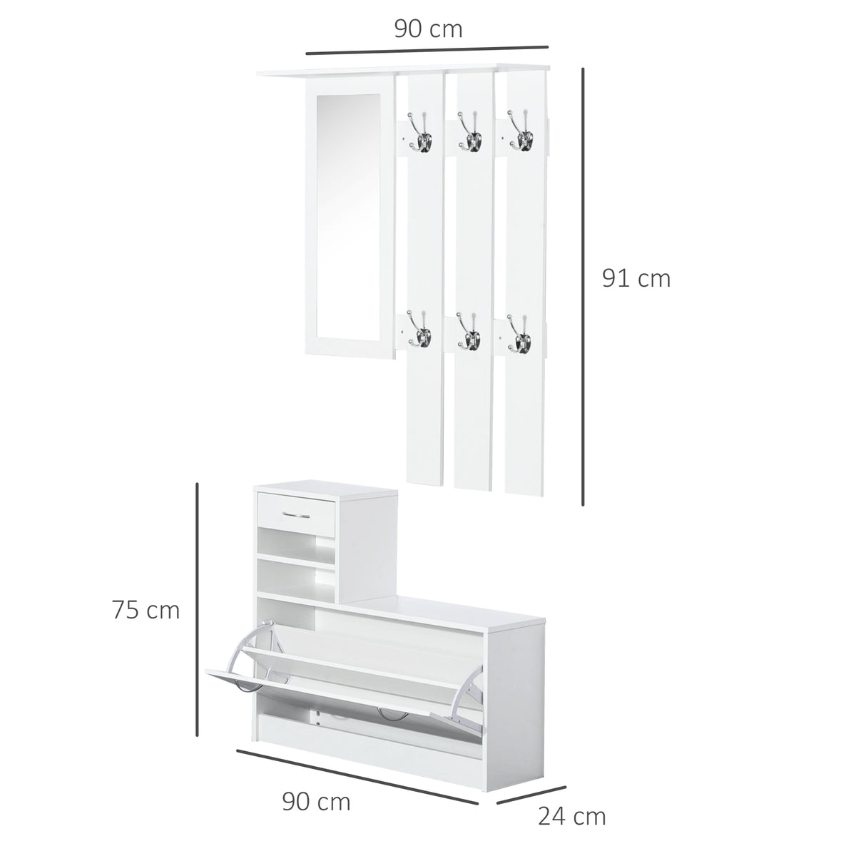 2PC Shoes Storage Chest Cloths Rack Unit w/Mirror Multiple Shelves Large Storage Capacity Shoes Cabinet 6 Hooks Cloth Rack White