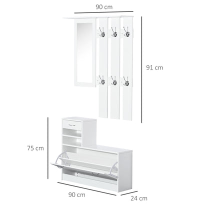 2PC Shoes Storage Chest Cloths Rack Unit w/Mirror Multiple Shelves Large Storage Capacity Shoes Cabinet 6 Hooks Cloth Rack White