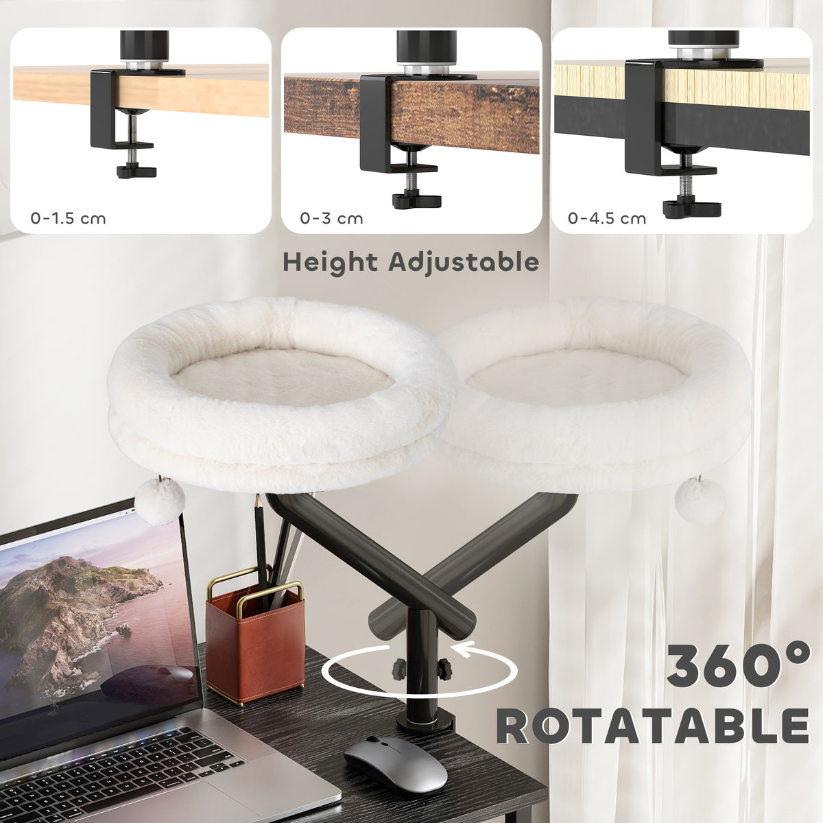 Cat Desk Bed, Cat Hammock 360° Rotatable Adjustable for Window, Table, Work