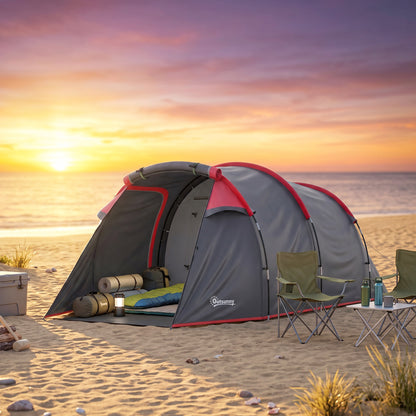 2 Man Tunnel Tent with Sewn-in Groundsheet, Air Vents, Rainfly, 2000mm Large Camping Tent with Bedroom, Porch, Living Area for Camping, Hiking, 426L x 206W x 154H cm