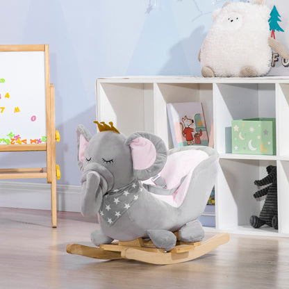 Kids Elephant-Designed Rocking Horse, with Safety Belt, Wooden Base, for Ages 18-36 Months - Grey