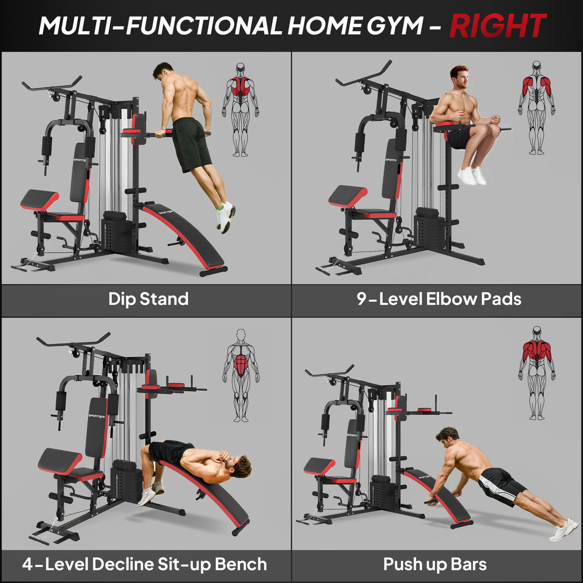 Multi Gym Workout Station, Weight Machine with 65kg Weight Stack, Sit Up Bench, Push Up Stand, Dip Station