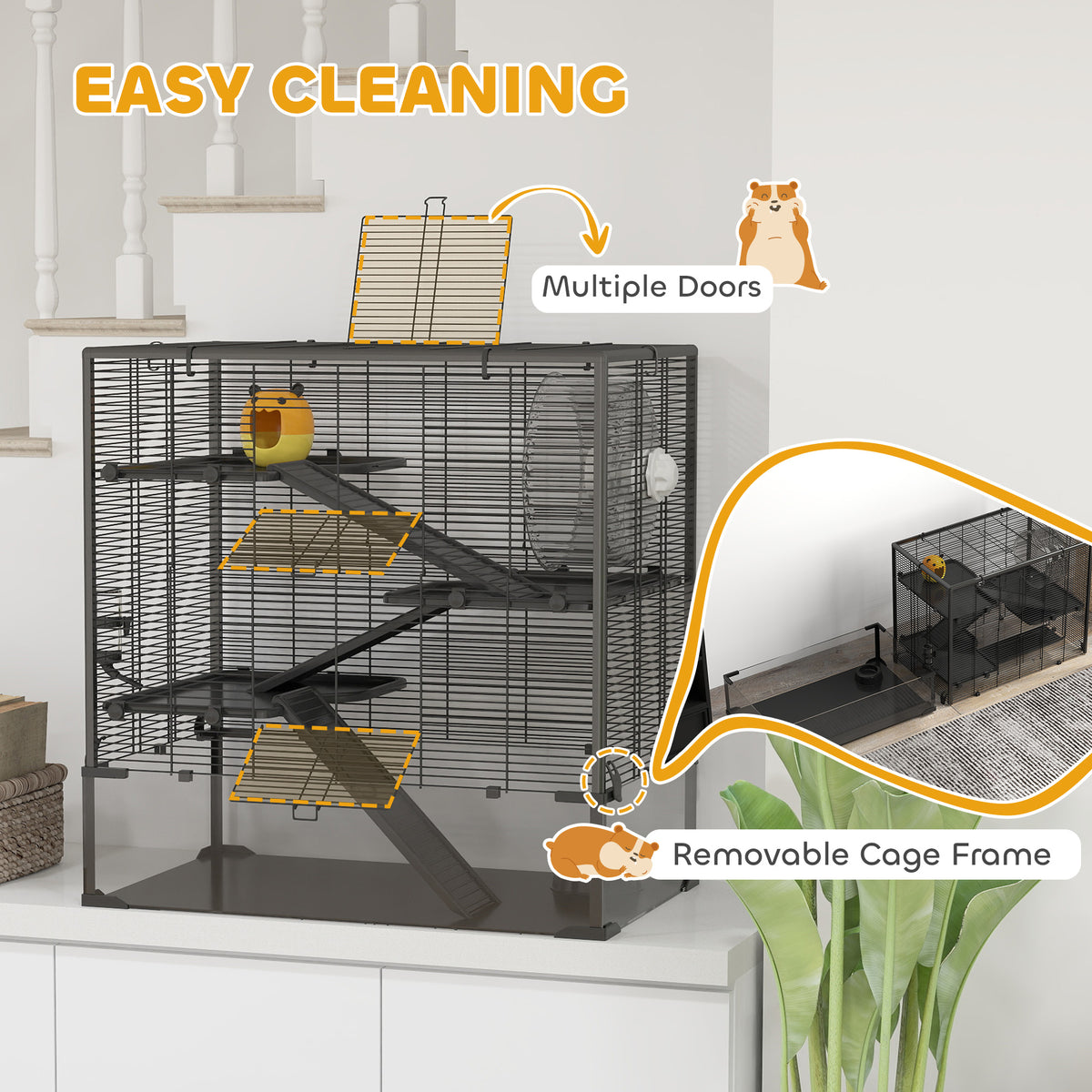 Four-Tier Hamster Cage with Deep Tempered Glass Bottom, Hut, Running Wheel, Food Dish, Water Bottle, 78.5 x 48.5 x 80cm