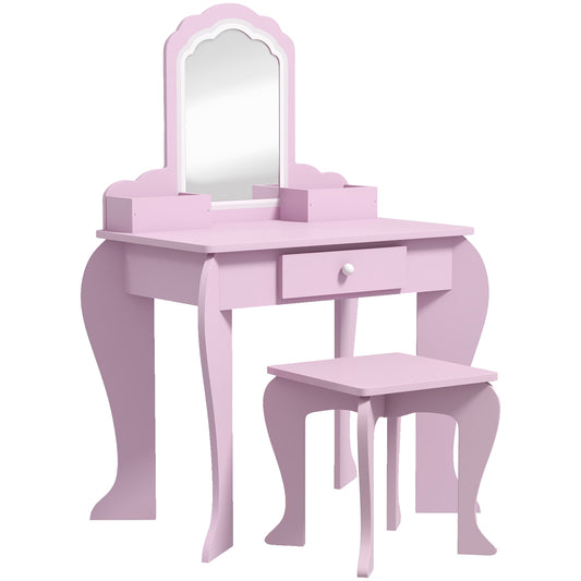 Kids Vanity Table with Mirror, Stool, Drawer, Storage Boxes, Cloud Design, for Ages 3-6 Years - Pink
