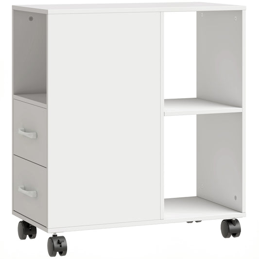 Narrow Mobile Printer Table with Wheels, Rolling Printer Stand with Drawers for Home Office, 30 x 60 x 65 cm, White
