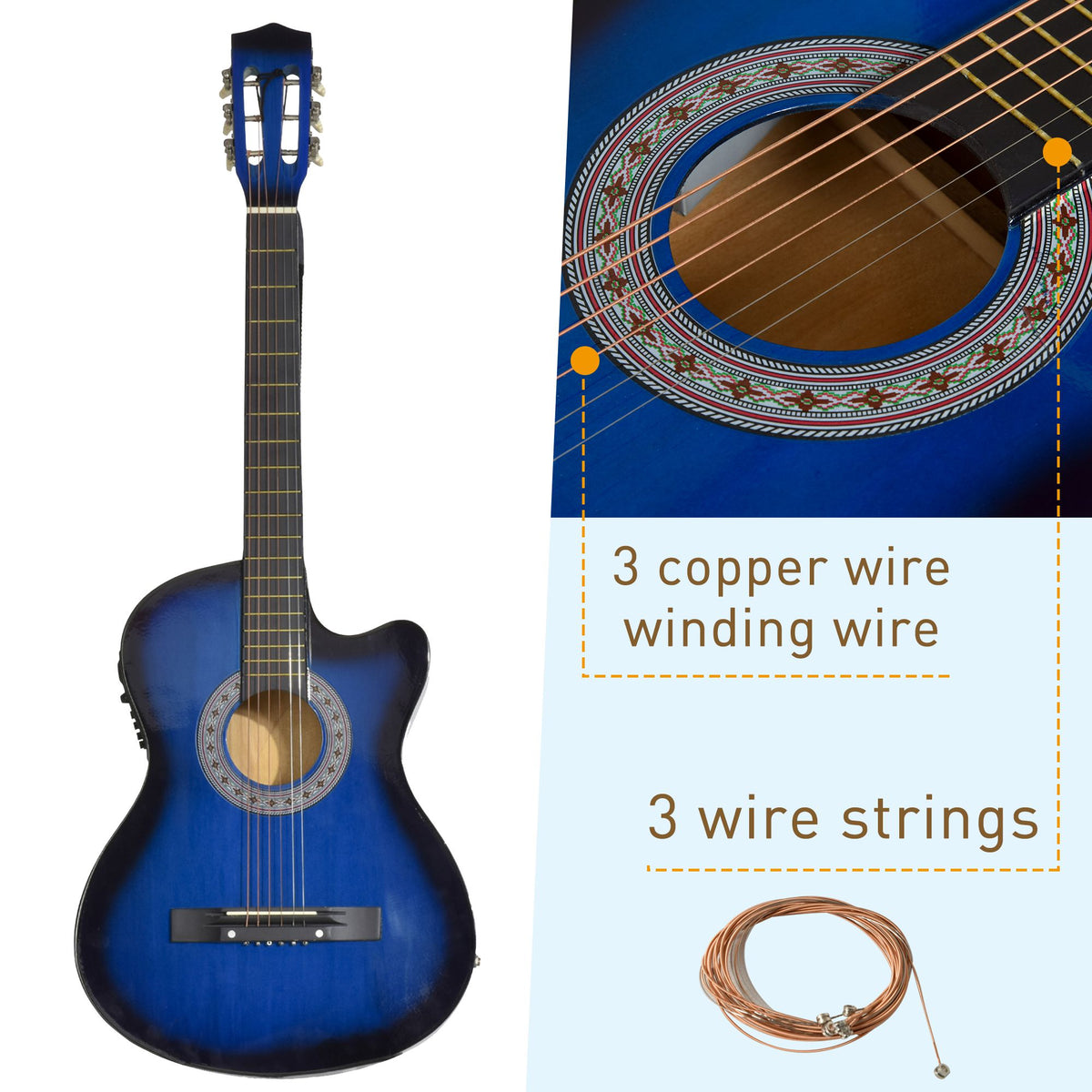 38 Inch Full Size Acoustic Electric Guitar, Classical Beginner Junior Adult Guitar Gloss Finish with Carrying Case, Strap, Picks, Spare Strings