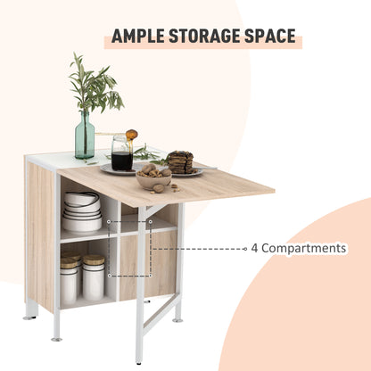 Foldable Drop Leaf Dining Table Folding Workstation for Small Space with Storage Shelves Cubes Oak & White