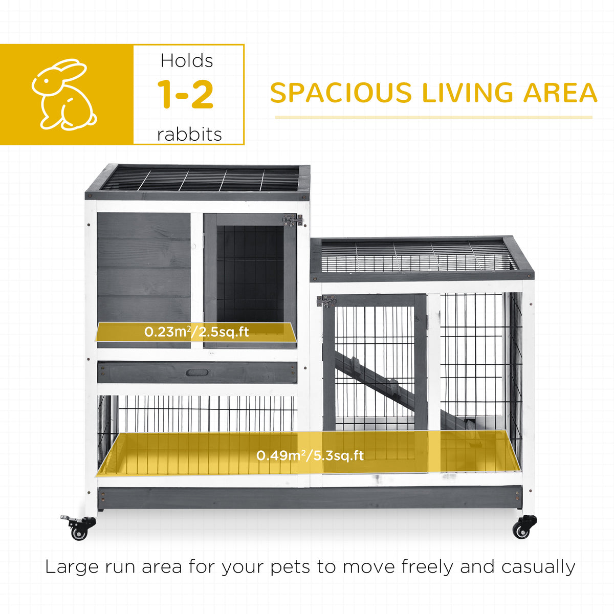 Wooden Indoor Rabbit Hutch Guinea Pig House Bunny Small Animal Cage W/ Wheels Enclosed Run 110 x 50 x 88 cm