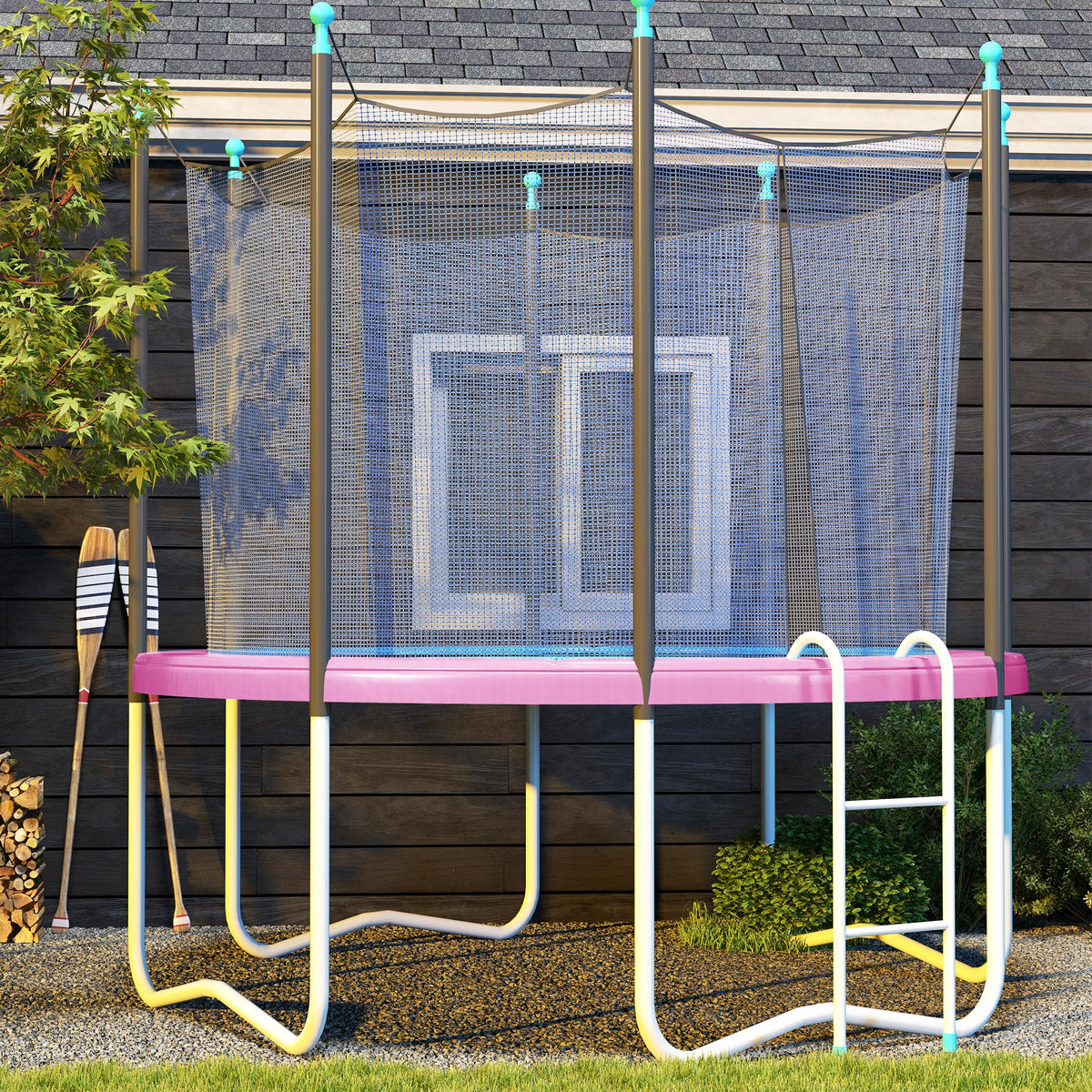 8FT Trampoline Spring Cover, Plastic Trampoline Pad Replacement with Elastic Cord, Waterproof, UV Resistant and Tear-Resistant, No Holes for Pole, Pink