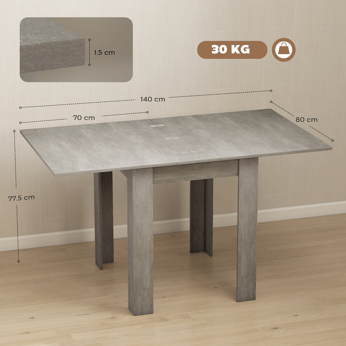 Folding Dining Table for 4-6, Rectangular Extendable Drop Leaf Table for Small Spaces, 140 x 80 x 77.5 cm