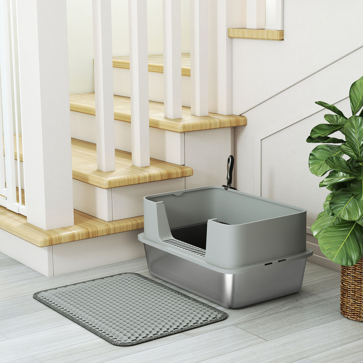 High Sided Stainless Steel Litter Box, Metal Cat Litter Tray with Metal Scoop, Litter Mat, Never Absorbs Odors, Grey