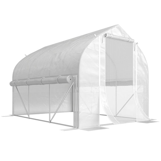 3 x 2(m) Walk-in Polytunnel Greenhouse, Zipped Roll Up Sidewalls, Mesh Door, 6 Mesh Windows, Tunnel Warm House Tent with PE Cover, Complimentary Plant Labels and Gloves, White