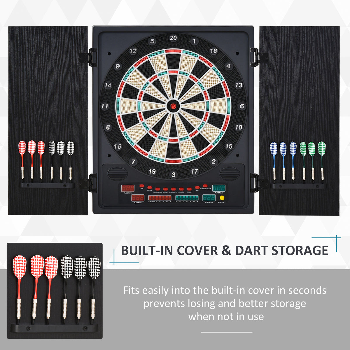 Electronic Dartboard Set, 27 Games Modes and 202 Variations, LED & 12 Soft Tip Darts and Cabinet to Storage, Ready-to-Play Multi-Game Option Darts Machine