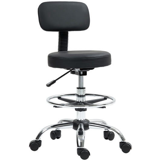 Drafting Chair, Office Chair with Backrest and Adjustable Footrest, Height Adjustable Stool, Leather Padded Rolling Task Chair for Home Office, Black