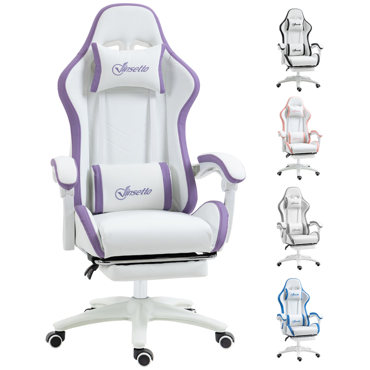 Computer Gaming Chair, PU Leather Office Desk Chair with Footrest, Swivel Wheels, 135° Reclining Back, Lumbar Support, Headrest for Home, White and Purple