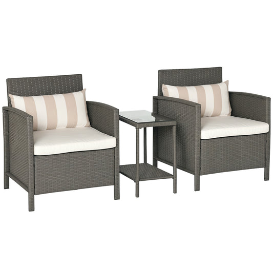3 Pieces Rattan Bistro Set, Wicker Garden Furniture Set, Glass Top 2-tier Coffee Table and Chairs Set with Pillows and Washable Cushions for Outdoor, Patio, Balcony, Light Grey
