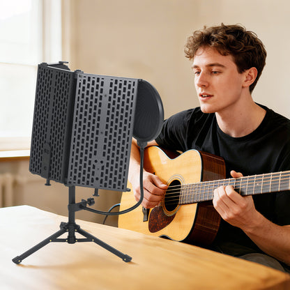 Studio Microphone Isolation Shield with Pop Filter and Tripod Stand, Foldable Adjustable Recording Studio Equipment, 3-Panel High Density Absorbent Foam Shield with 3/8" Threaded Mount, Black