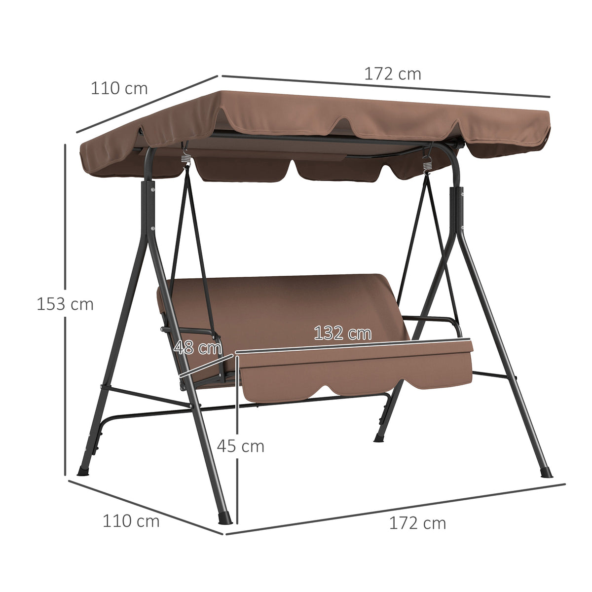 3 Seater Garden Swing Chair, Outdoor Swing Chair with Adjustable Canopy, Mental Frame & Cushions, Brown