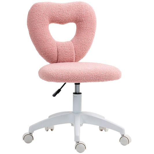 Armless Heart Computer Desk Chair, Teddy Fleece Swivel Office Chair, Makeup Vanity Chair with Height Adjustable, Wheels, for Home Study Bedroom