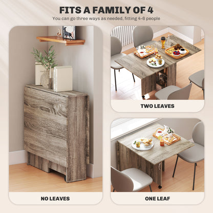 80-140 cm Folding Dining Table for 4-6 People, Drop Leaf Table with 2-Tier Shelves, Rolling Casters, for Small Spaces, Kitchen, Flat, Dining Room, Grey