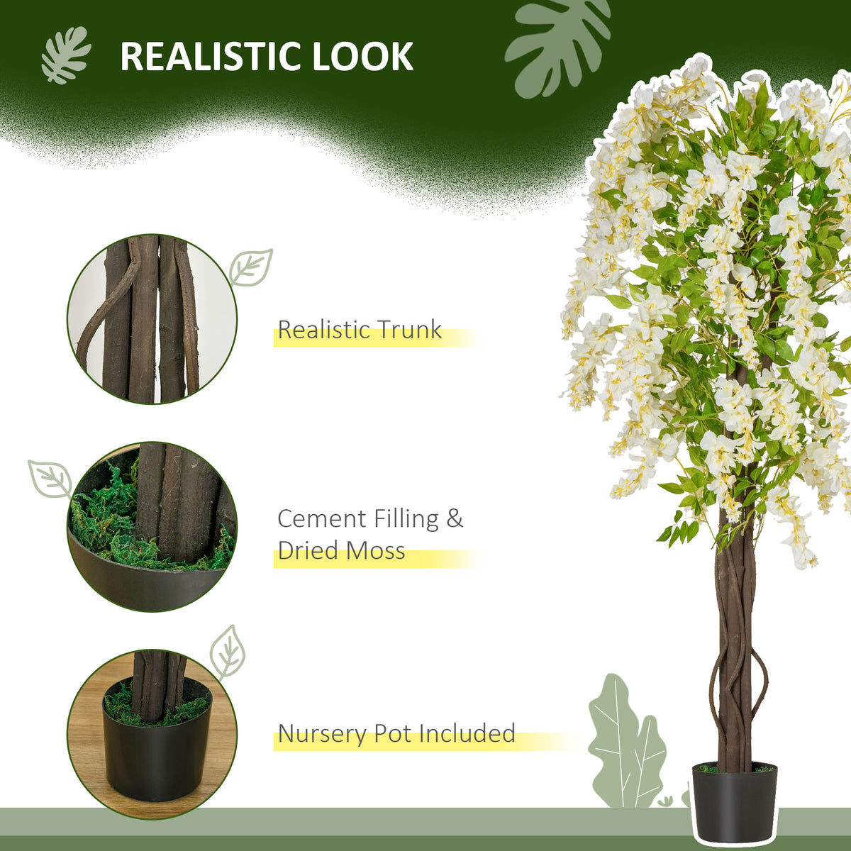 Artificial Plant White Wisteria Tree Faux Decorative Plant in Nursery Pot for Indoor Decor, 160cm