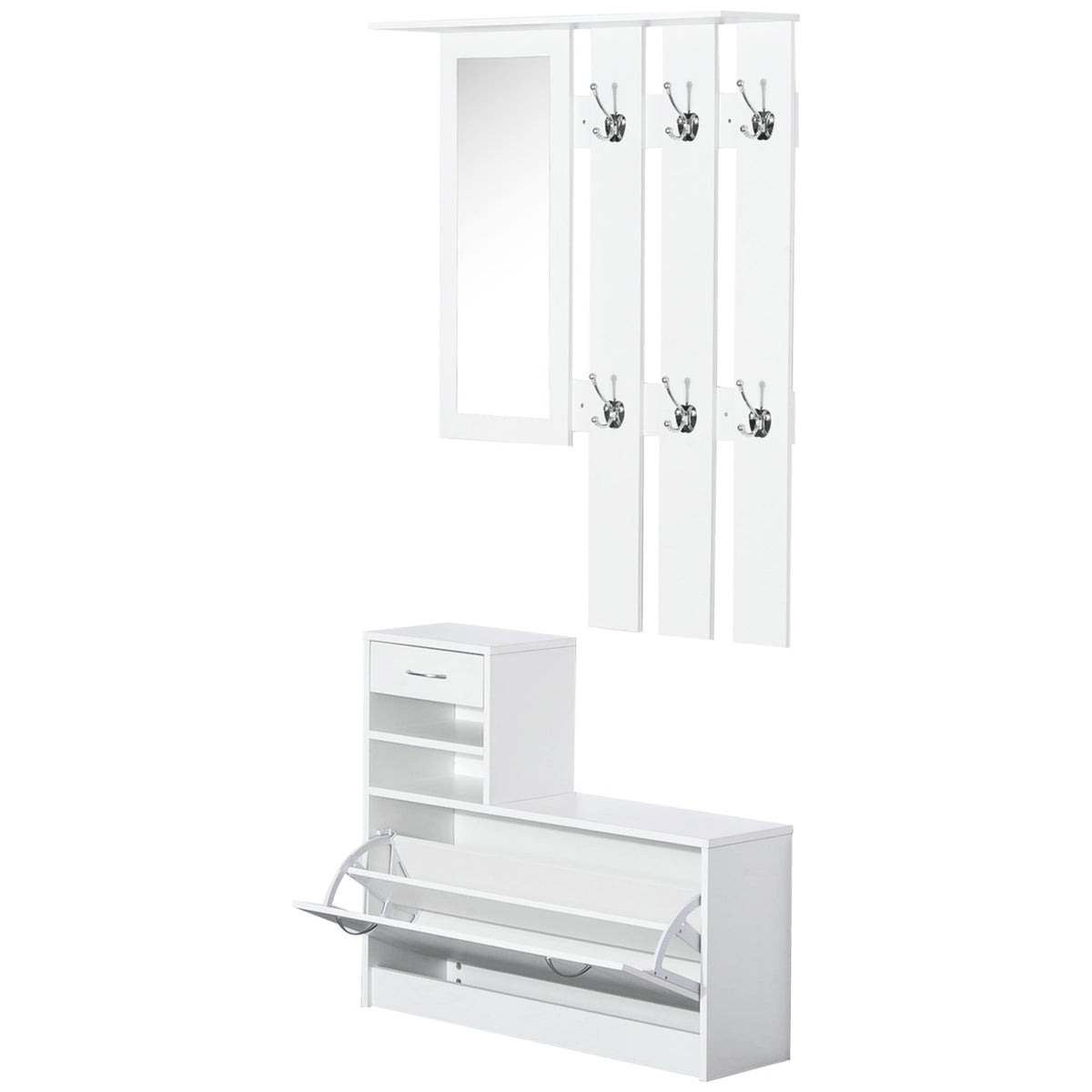 2PC Shoes Storage Chest Cloths Rack Unit w/Mirror Multiple Shelves Large Storage Capacity Shoes Cabinet 6 Hooks Cloth Rack White