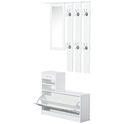 2PC Shoes Storage Chest Cloths Rack Unit w/Mirror Multiple Shelves Large Storage Capacity Shoes Cabinet 6 Hooks Cloth Rack White