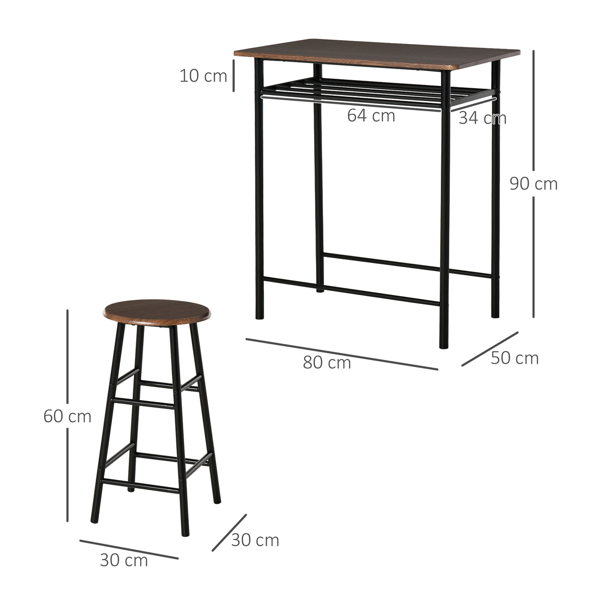 Bar Table Set, Bar Table and Stools Set, Footrest and Storage Shelf, for Kitchen, Dining Room, Pub, Cafe