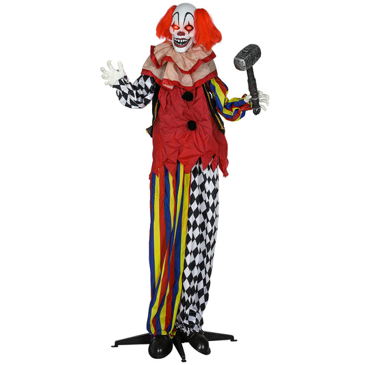 173 cm Life Size Halloween Animated Standing Clown & Hammer with Red Light Up Eyes, Sound Activated Moving Arms & Head, Scary Clown Halloween Decorations, Battery Operated, Indoor Party Props