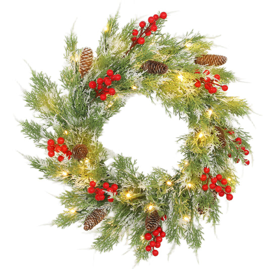 60 cm Prelit Christmas Wreath, Door Wreath with Realistic Branches, 30 Warm White LEDs, Timer, Battery Operated