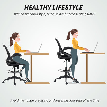 Drafting Chair with Flip-up Armrest, Mesh Office Stool with Foot Ring, 360 Degree Swivel Height Adjustable Chair for Standing Desk, Black