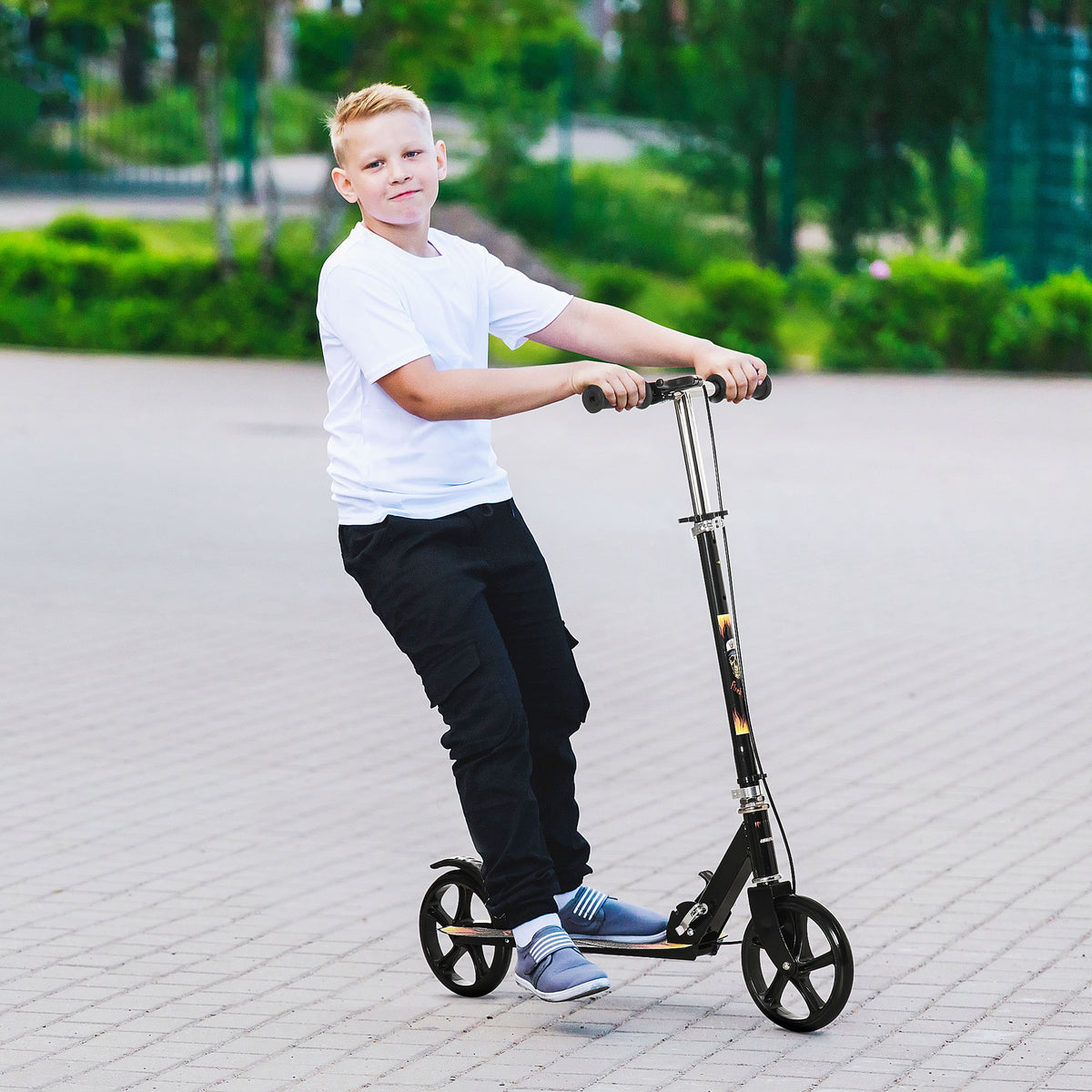 Kids Foldable Kick Scooter w/ Adjustable Height, Break, Big Wheels, for Ages 7-14 Years - Black