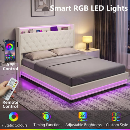 5ft King Bed Frame with Headboard, Platform Bed Frame with Hydraulic Storage, LED Lights and Charging Station, White