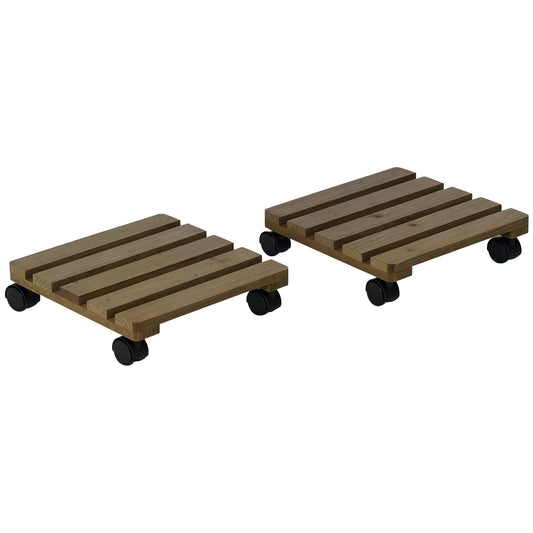2 Pack Plant Caddy with Wheels, 30 cm Square Wooden Plant Pot Trolley, Pot Caddy for Outdoor Patios, Decks and Indoors, Dark Brown