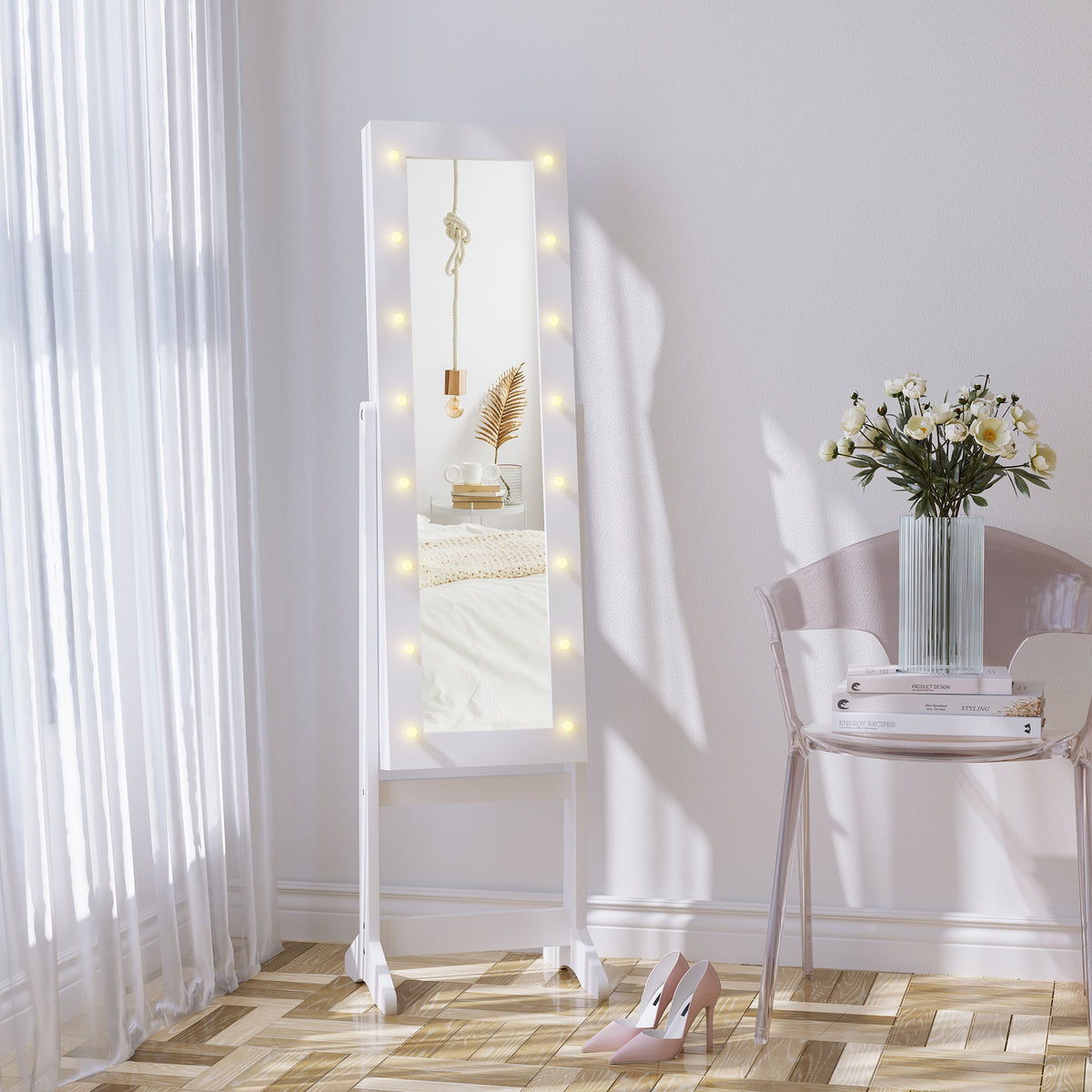 Free Standing LED Mirrored Jewelry Cabinet Armoire Floor Organiser W/ 3 Angle Adjustable For Rings Earrings Bracelets Cosmetics Warm White