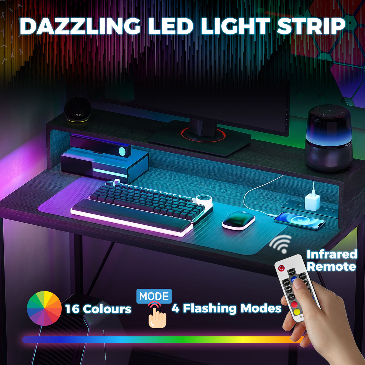 Gaming Desk, 100cm Computer Desk with LED Lights, Power Outlets, Monitor Stand and Remote, Black Wood-Effect