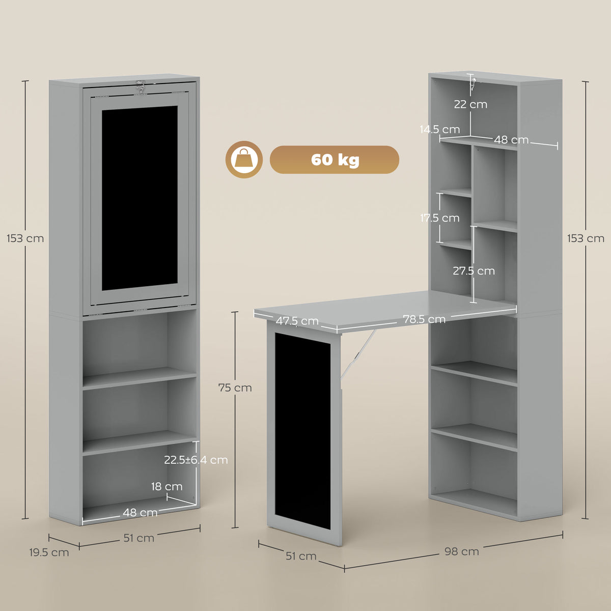 Folding Convertible Desk with Blackboard Multi-function Computer Office Workstation Side Shelf