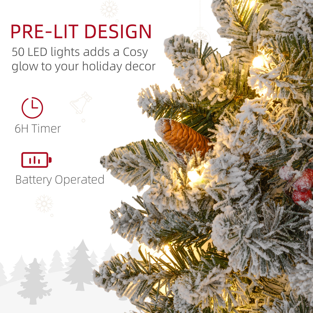 60" Snowy Pine Cone and Berry Christmas Wreath, with LED Lights