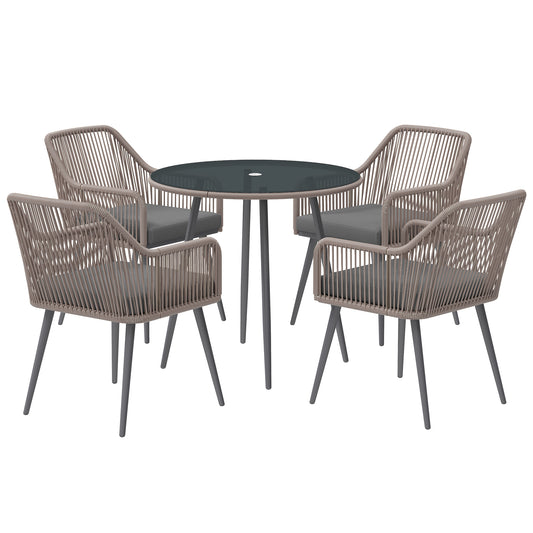 4 Seater Rattan Dining Set, Rattan Garden Furniture Set with Parasol Hole, Outdoor Dining Table and Chairs Set with Cushions, Round Glass Top Table for Patio, Balcony, Light Brown