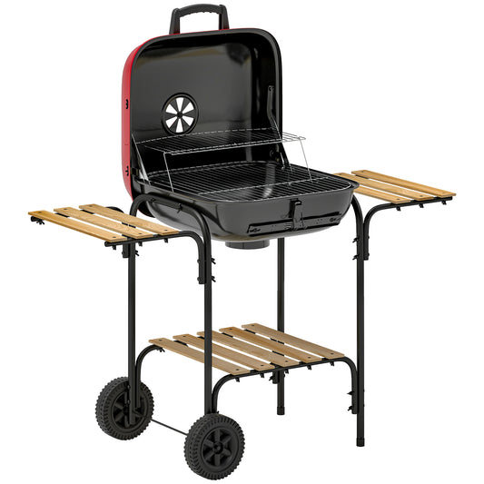 Charcoal Barbecue Grill Portable BBQ Grill with 1840 cm² Cooking Area, 3 Shelves, Adjustable Vent, Lockable Lid, Wheels for Outdoor Cooking, Garden Party, Red