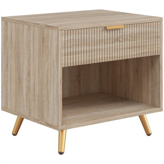 Bedside Table with Drawer and Open Compartment, Nightstand with Handle for Bedroom, Living Room, Natural Wood Finish