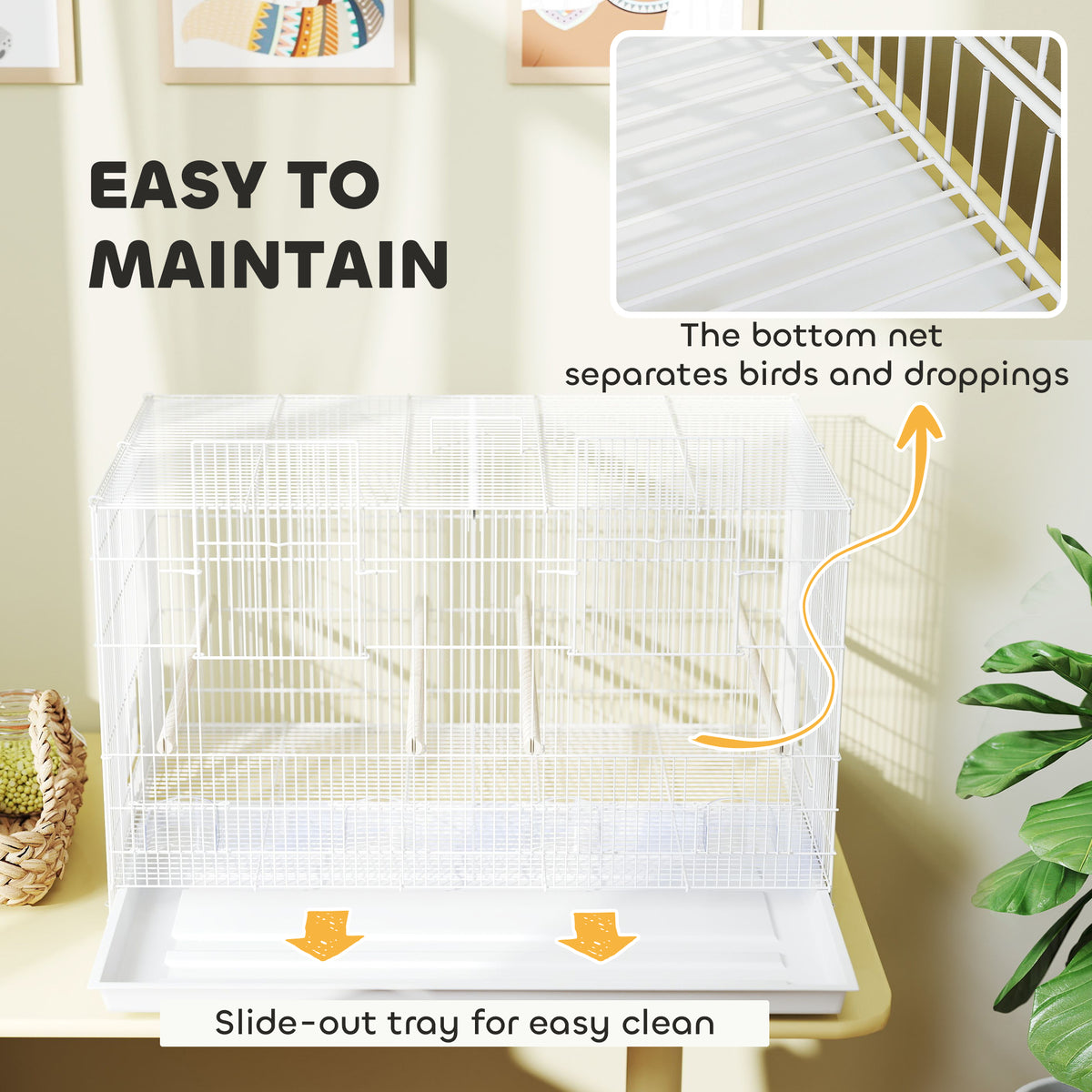 Bird Cage with Divider, 4 Wooden Perches, Slide Out Tray, 4 Feeders, for Budgie, Lovebird, Canary, 76 x 46 x 46cm, White