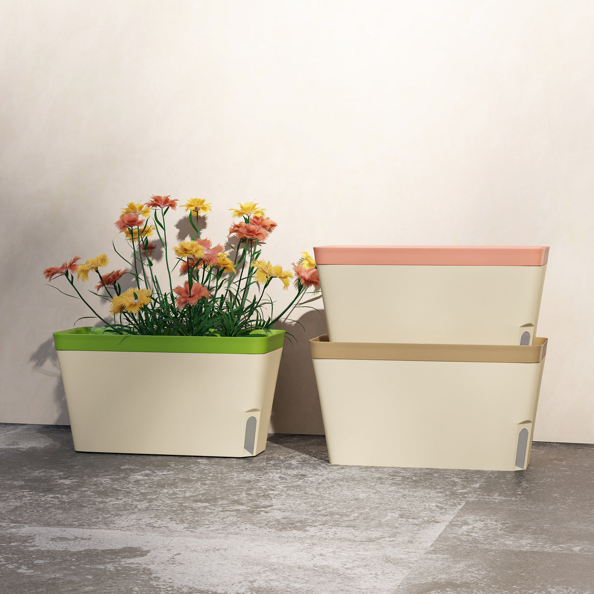 Set of 3 Self Watering Plant Pots Outdoor, 27cm Rectangular Garden Planters with Visual Water Level Window, Plastic Flower Pots for Indoor Outdoor Garden Balcony Windowsil