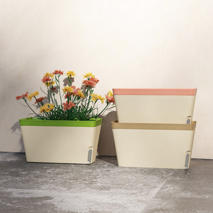 Set of 3 Self Watering Plant Pots Outdoor, 27cm Rectangular Garden Planters with Visual Water Level Window, Plastic Flower Pots for Indoor Outdoor Garden Balcony Windowsil