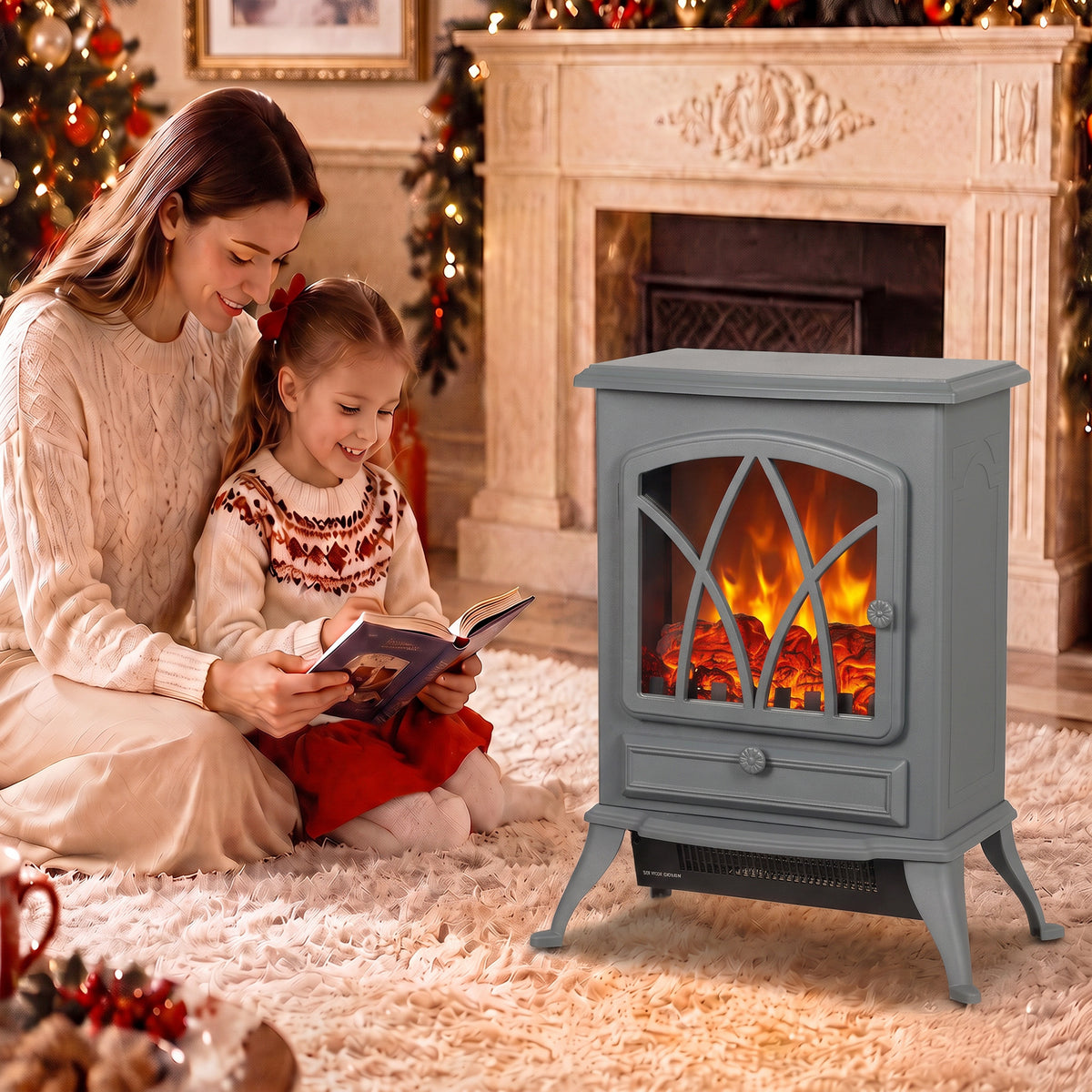 1kW-2kW Vintage Electric Fireplace Heater - Grey