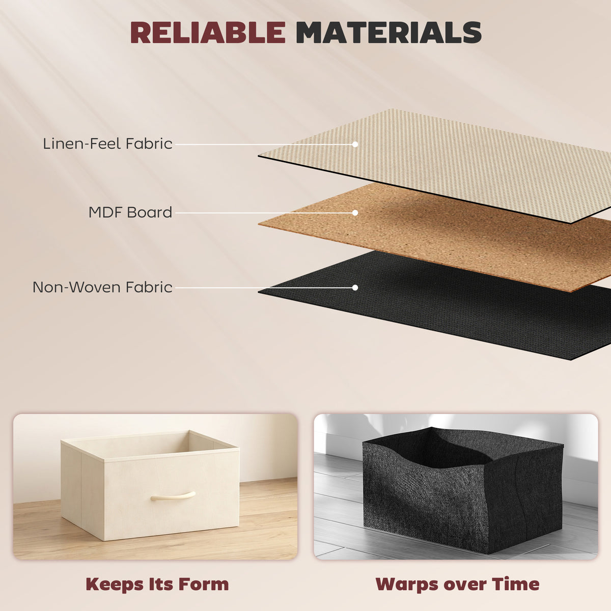 Chest of Drawers with 4 Fabric Drawers, Tall Storage Unit with 2 Hooks and Steel Frame for Bedroom, Beige