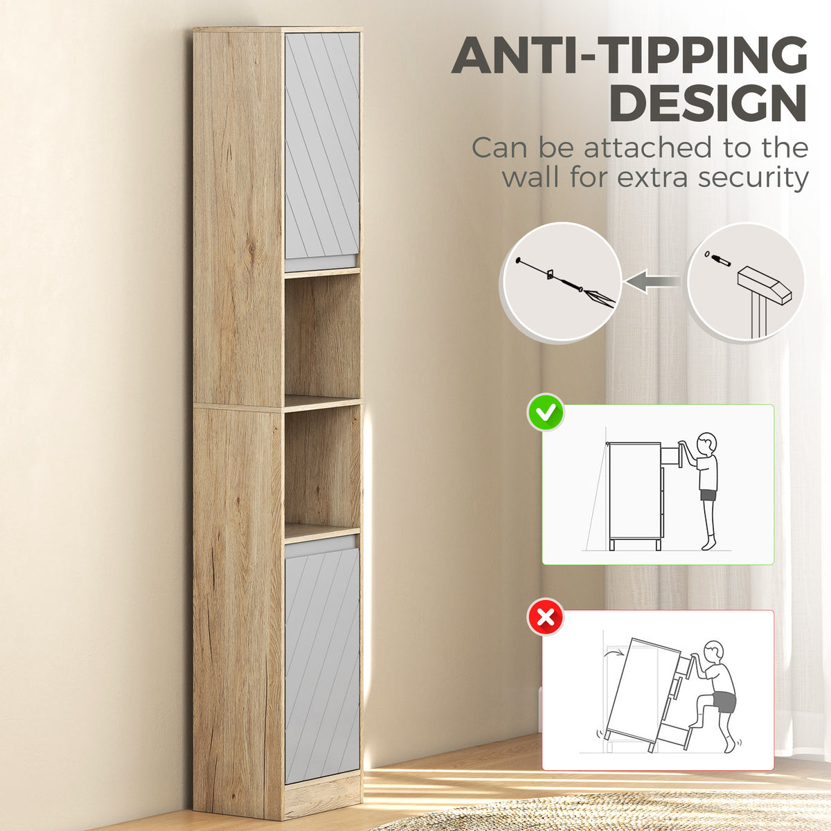 Narrow Bathroom Cabinet, Slim Bathroom Storage Unit with Open Compartment, Freestanding Storage Cupboard with Adjustable Shelves for Small Spaces, 30 x 24 x 170 cm